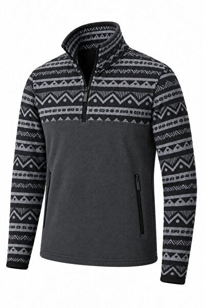 GHASSY CO . Erkek Etnik Desenli 1/4 Zip Yarım Fermuarlı Cepli Polar Outdoor G...