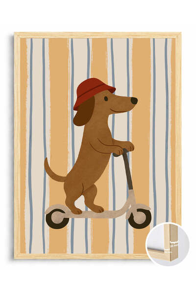 For Space On Ahşap Çerçeveli Tekli Tablo Çocuk Odası Köpek Scooter Kullanıyor...