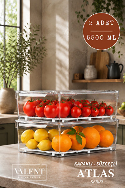 VALENT Atlas 2'li 5500ML Süzgeçli Kapaklı Saklama Kabı Buzdolabı Düzenleyici ...