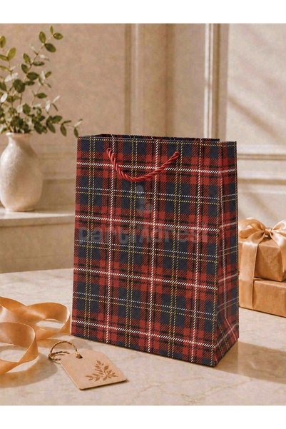 Parti Adresi Ekose Desenli Karton Hediye Çantası – Alışveriş Çantası Lacivert 30x40x12