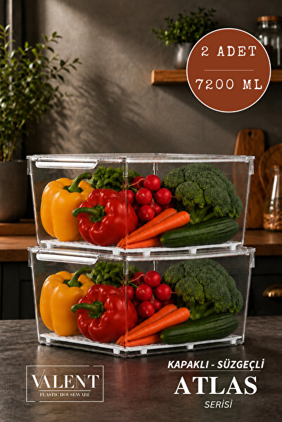 VALENT Atlas 2'li 7200ML Süzgeçli Kapaklı Saklama Kabı Buzdolabı Düzenleyici ...