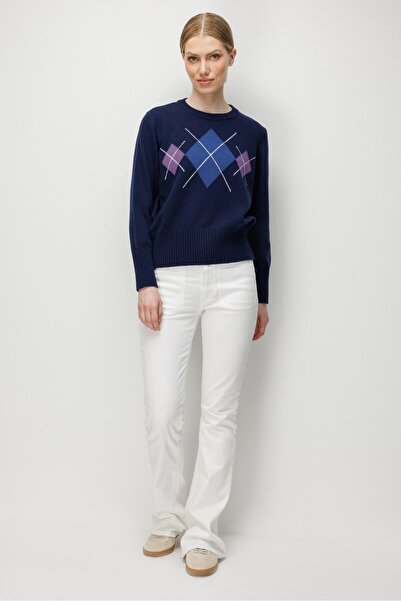 Desen Triko Women's Crew Neck Front Diamond Patterned Wool Sweater Y.A Navy Blue