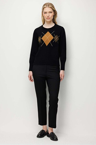 Desen Triko Women's Crew Neck Front Diamond Patterned Wool Sweater Black
