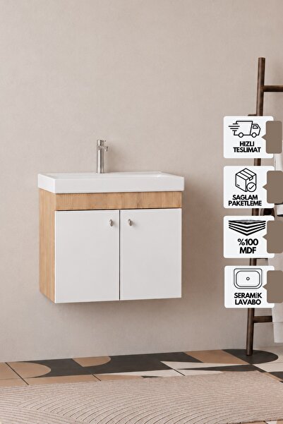 KAREN BANYO Milano 60 Cm, Lavabolu Alt Banyo Dolabı, Kapaklı Banyo Dolabı, Se...