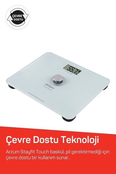 ROYALGROSS Arzum AR5126 Stayfit Touch Cam Beyaz Baskül, Pilsiz Kullanım, 180 Kg’a Kadar Ölçüm Kapasitesi, Beyaz