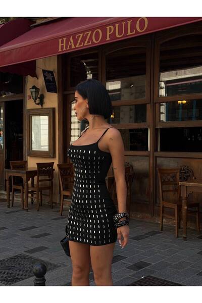 North Fashion Baget Taşlı İnce Askılı Mini Elbiise