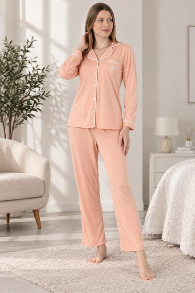 gd goldoremi Premium Buttoned Comfortable Knitted Fabric Long Sleeve Pajama Set