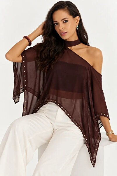 Cool & Sexy Women's Brown Transparent Tulle Blouse with Staple Detail, Asymme...