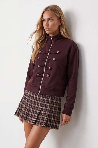 Trend Alaçatı Stili Women's Coffee Color Stand Collar Ornamental Buttoned Zip...