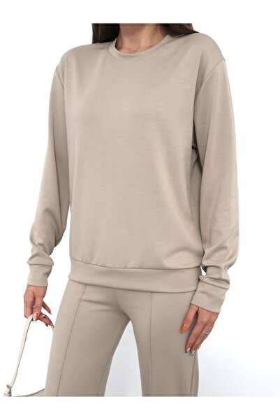 OLİZZA Γυναικείο μπεζ φούτερ Sweat Trend Modal Fabric Oversize Basic Casual μ...
