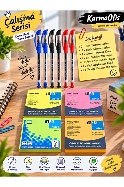 Faber Castell Ballpoint Pen and Sticky Note Paper Set – Blue Black Red Pen (2...