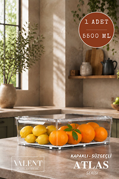 VALENT Atlas Tekli 5500ML Süzgeçli Kapaklı Saklama Kabı Buzdolabı Düzenleyici...