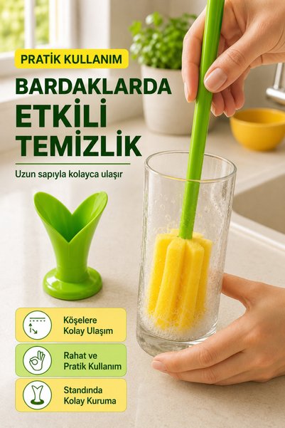 Anadolu Saray Çiçek Tasarımlı Standlı Bulaşık Süngeri Bardak ve Mutfak Temizleme Aparatı