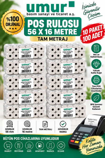 Umur 56x16 Termal Yazarkasa POS Rulosu POS Kağıdı 16 Metre Tam Metraj