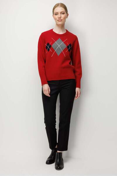 Desen Triko Women's Crew Neck Front Diamond Patterned Wool Sweater Dark Red