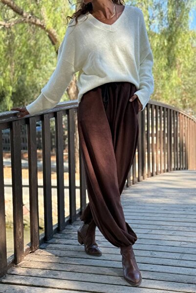 Güneşkızı Brown Elastic Waist Elastic Leg Shalwar Velvet Woven Trousers 30 90