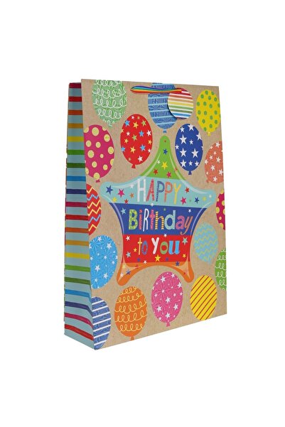 OEM Sacosa Cadou din Hartie Bej cu Model Baloane "Happy Birthday to You" 33x1...