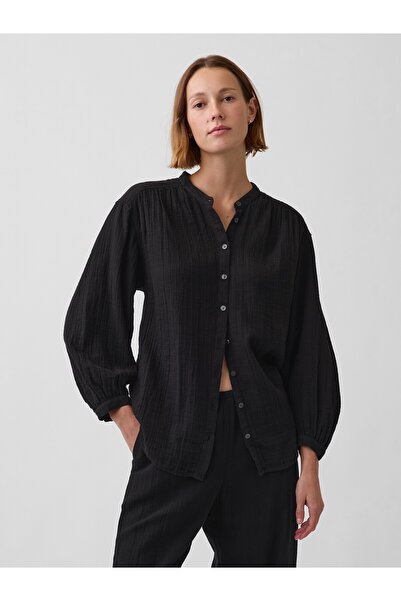GAP Kadın Siyah Pamuk Gauze Oversized Yakasız Gömlek