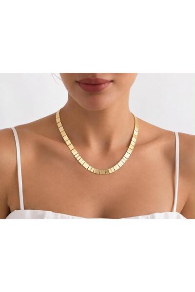 FASHION Özel Tasarım Ezme Pul Kare Plaka 14K Gold Renk Kolye