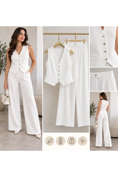 Ravello Collection Kadın Beyaz Yelek Pantolon Takım – Şık Düğmeli Yelek & Bol...