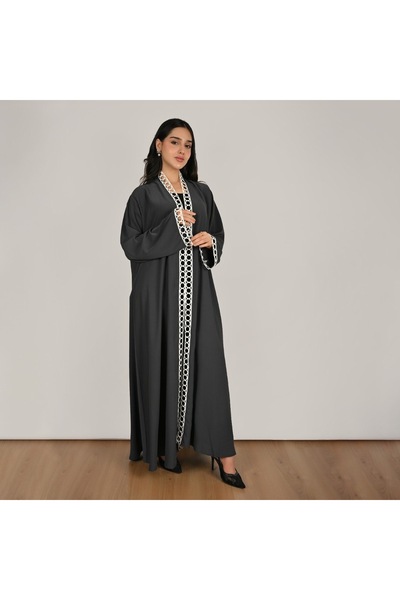 HAWRAA ABAYA Dark Gray Color Elegant Design with White Color Abaya Wrap Style...
