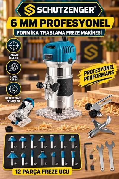 SCHUTZENGER 6 mm Profesyonel Formika Tıraşlama Freze Makinesi – 12 Parça Freze Uçlu Set Devir Ayarlı Mavi-5510