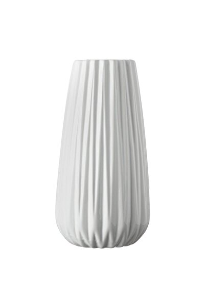 OEM Vaza Decorativa din Ceramica Alba cu Dungi Verticale in Relief 13x25cm