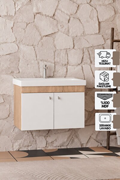 KAREN BANYO Milano 80 Cm, Lavabolu Alt Banyo Dolabı, Kapaklı Banyo Dolabı, Se...