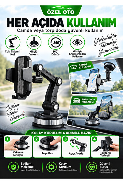 Adıfeks Kuğu Boynu Manyetik Araç İçi Telefon Tutucu Vakumlu Cam ve Torpido Uy...