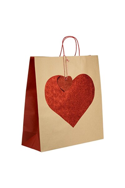 OEM Sacosa Cadoi Kraft Maro cu Inima Rosie cu Glitter 43x16x45cm