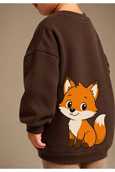 BENROMA 3 Yarn Combed Cotton Fox Printed Unisex Children's Crewneck Sweat Qs6