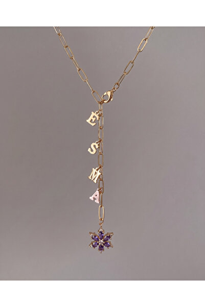 Gleemy accesories Kişiye Özel Gold Y Kolye Mor Zirkon Taşlı Lotus Çiçek Figür...