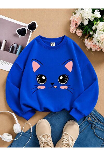 BENROMA 3 Yarn Combed Cotton Cat Printed Unisex Children's Crewneck Sweat Qa3