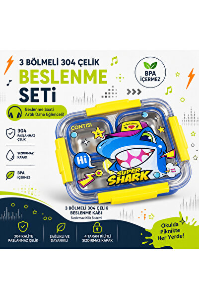 MUZEKO Mavi Sarı Balık Desenli 3 Bölmeli Paslanmaz Çelik Yemek Kabı İç Bölüml...