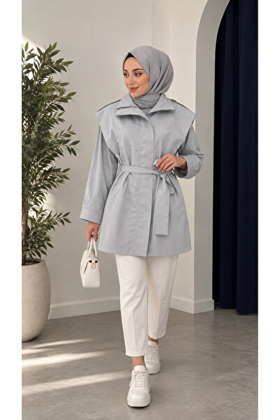 Nevayla Moda معطف ترنش موسمي بحزام وسحاب - رمادي / M0116