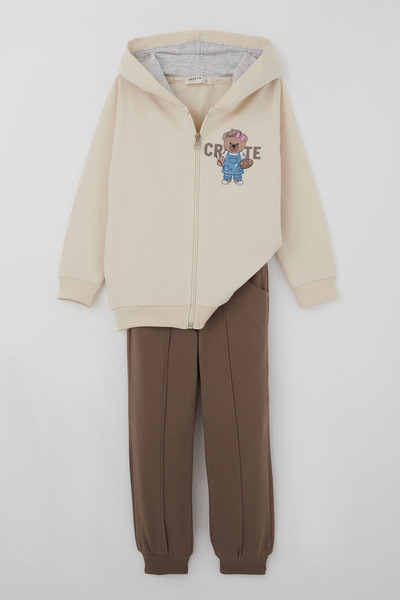 Breeze Girl's Tracksuit Set with Cute Painter Teddy Bear Print and Grass Stit...