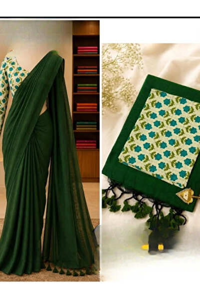 MYSMAR Dark-Green Khadi Cotton Saree with Floral Printed Blouse - EFS9647 | D...