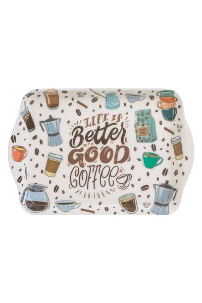 OEM Ecru Serving Tray with Coffee Bean Pattern & Message "Life is better with...