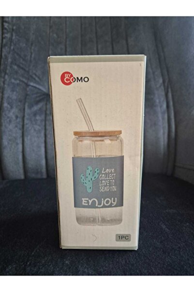 Lider MAGNESİA Glass with Straw, Heat-Resistant Bamboo Lid, 550ml Glass Cup, Soft Drink Cup, Cactus Patterned