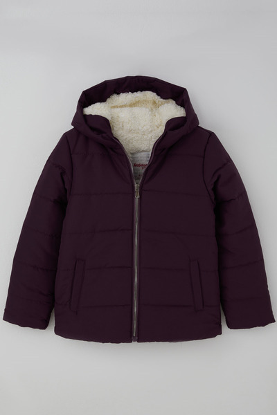Kabancı Girl's Coat with Plush Inside and Zipper with Hood, 6-9 Years Old, Plum