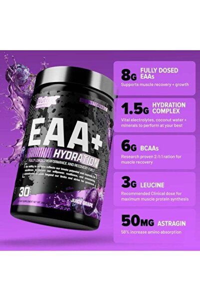 Nutrex Research EAA Hydration | EAAs + BCAA Powder | Muscle Recovery, Strength, Muscle Building, Endurance | 8G Essential Amino Acids + Electrolytes, 30 Serving Juicy Grape 390g