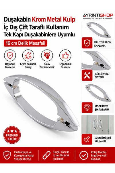 AYRINTISHOP Duşakabin Cam Kapı Kulpu 16 cm Delik Aralıklı Krom Ay Model Metal...