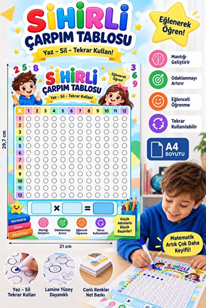 Sihirli Çarpım Tablosu 1-12 | Eğlenceli Yaz Sil Tekrar Kullan Çarpım Tablosu | Çocuklar İçin Matematik Öğrenme Eğitici Aktivite