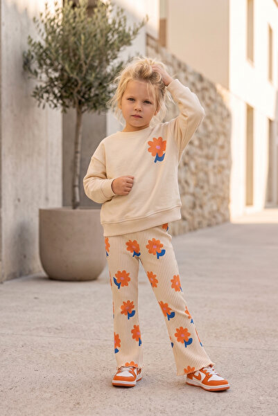 Babymod Set de colanți din bumbac cu imprimeu floral bej pentru fete, textura...
