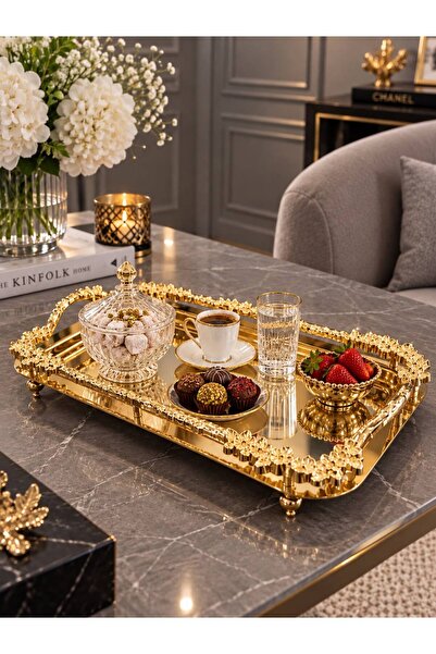Aslı Hediyelik Lüx Gold Kulplu Gül Detaylı Ayaklı Dikdörtgen Söz Nişan,Çeyiz,...