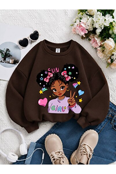 BENROMA 3 Yarn Combed Cotton Girls Printed Unisex Children's Crewneck Sweat Qa6