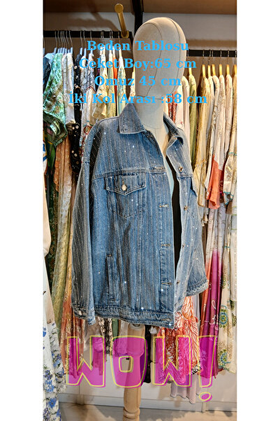 İthal Kadın Açık Mavi Taş / Payet Şerit Detaylı Düğmeli Kot Ceket (Denim Ceket