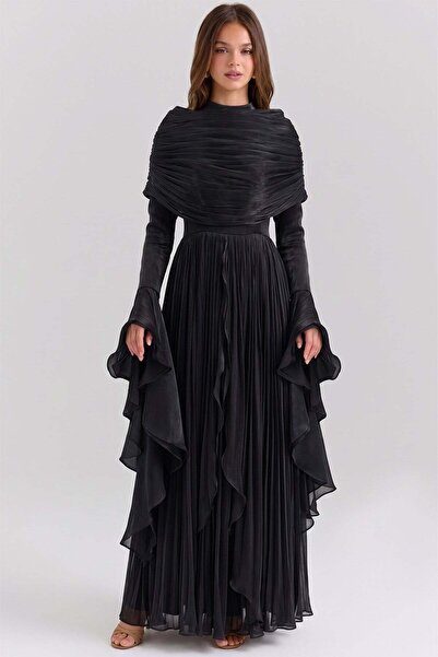 Olcay Removable Shawl Detailed Sleeves with Ruffles Yoryo Silk Hijab Evening ...