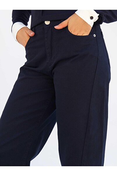 Moda Days Women's Navy Blue Gabardine Trousers Straight Leg High Waist with P...