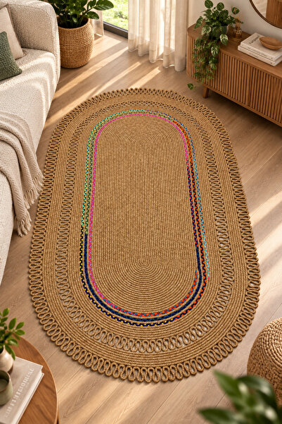 MaVaux Alessa Doğal Oval Hasır Jüt Kilim Oval Dekoratif Örgü Kilim – Modern B...